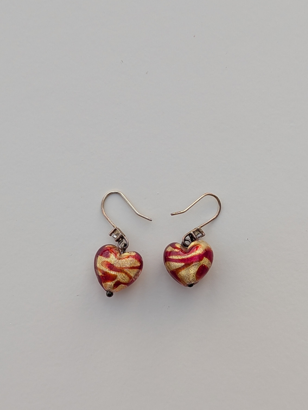 Authentic Murano Glass Heart Earrings Handmade in Italy Red Gold Foil Venetian